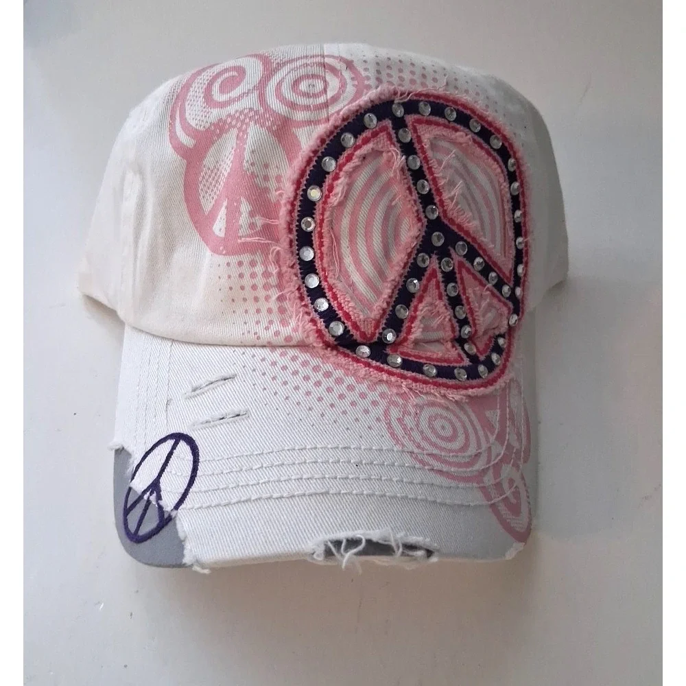 Leader Peace Sign Cadet Cap Distressed Crystal Studded Women's Adjustable White